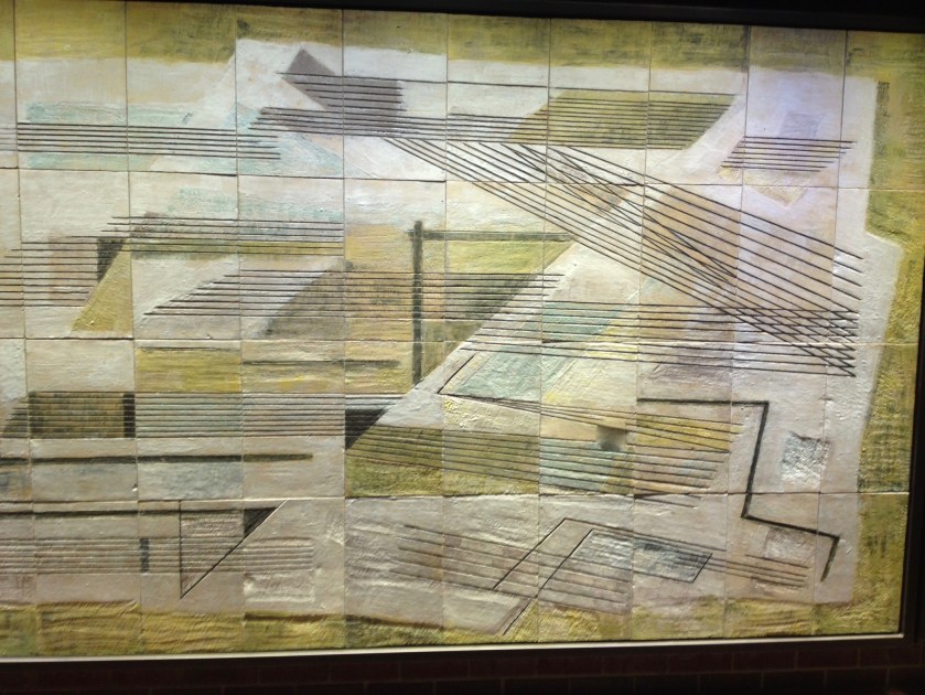 Lines over the countryside Dorothy Annan Mural Speed HIghwalk Barbican, London